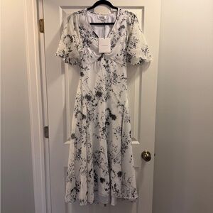 Victoria Beckham Black and White Floaty Floral Godet Midi Dress - RETAIL $1250